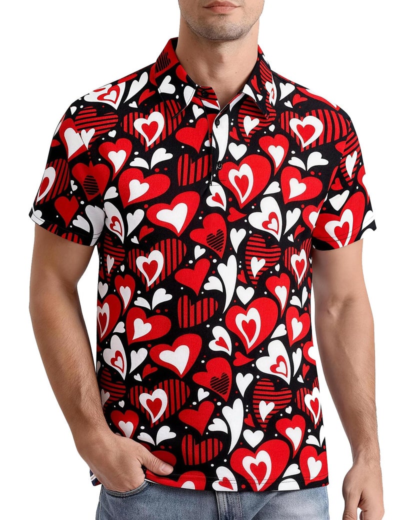 Funny World Mens Valentines Shirt Short Sleeve Red Heart Shirt Graphic Polo Shirt, Large, Valentines Polo - Image 1