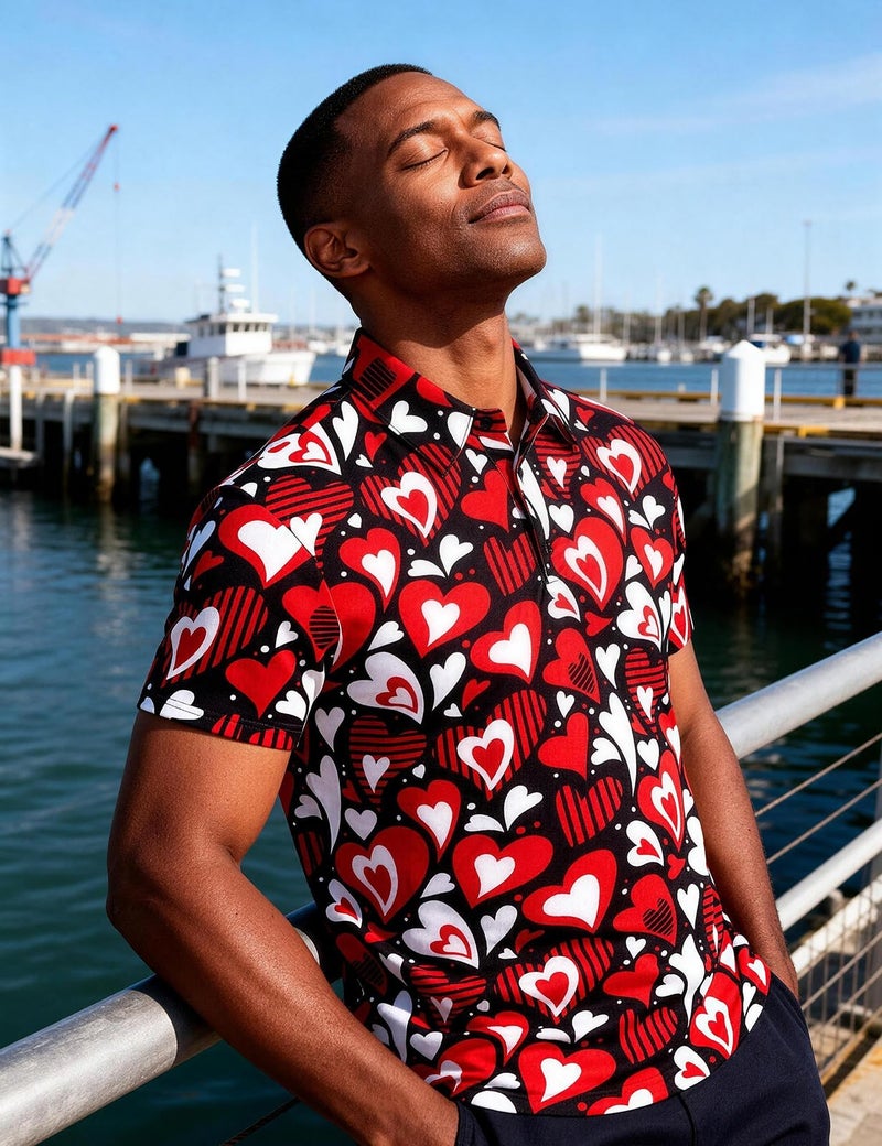 Funny World Mens Valentines Shirt Short Sleeve Red Heart Shirt Graphic Polo Shirt, Large, Valentines Polo - Image 4