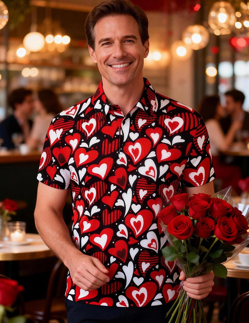 Funny World Mens Valentines Shirt Short Sleeve Red Heart Shirt Graphic Polo Shirt, Large, Valentines Polo - Image 2