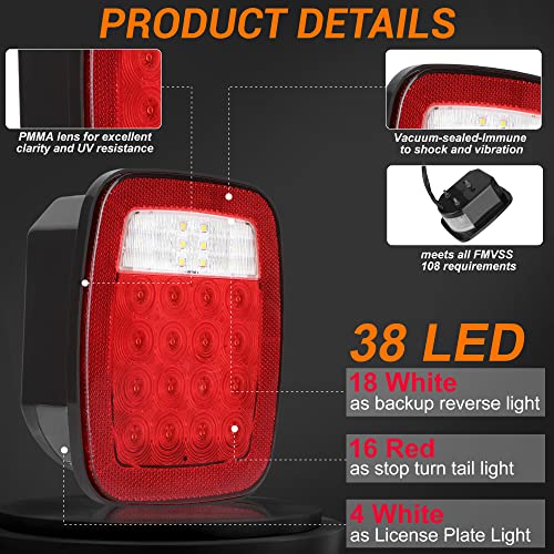 CMVT Auto Universal 38 LED Replacement Tail Lights Taillights for Jeep Wrangler TJ YJ CJ, Red Lens BAR Square Brake Stop Turn Signal Reverse w/License Plate lamp Assembly, 2PCS - Image 2