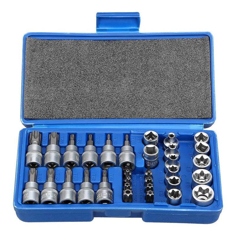Uten Drive Male Female Torx Star Bit Socket E-Socket Set Handheld Tool - 34 Pcs, Star Socket Set For Hand Use Work On Cars, Trucks, Machinery, and Other Jobs With Storage Case, Blue - Image 1