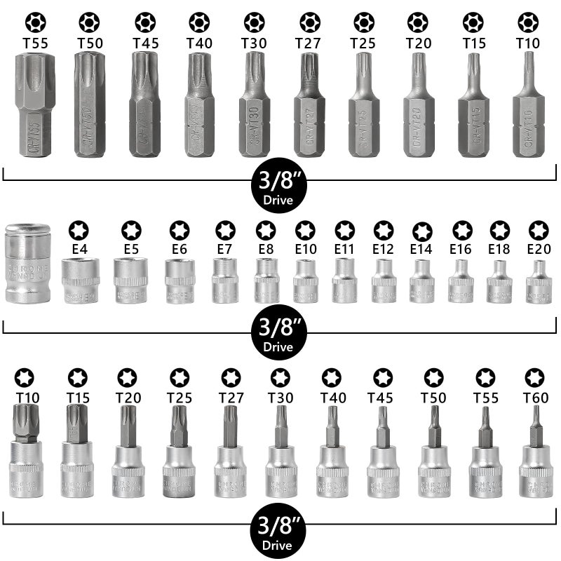 Uten Drive Male Female Torx Star Bit Socket E-Socket Set Handheld Tool - 34 Pcs, Star Socket Set For Hand Use Work On Cars, Trucks, Machinery, and Other Jobs With Storage Case, Blue - Image 2