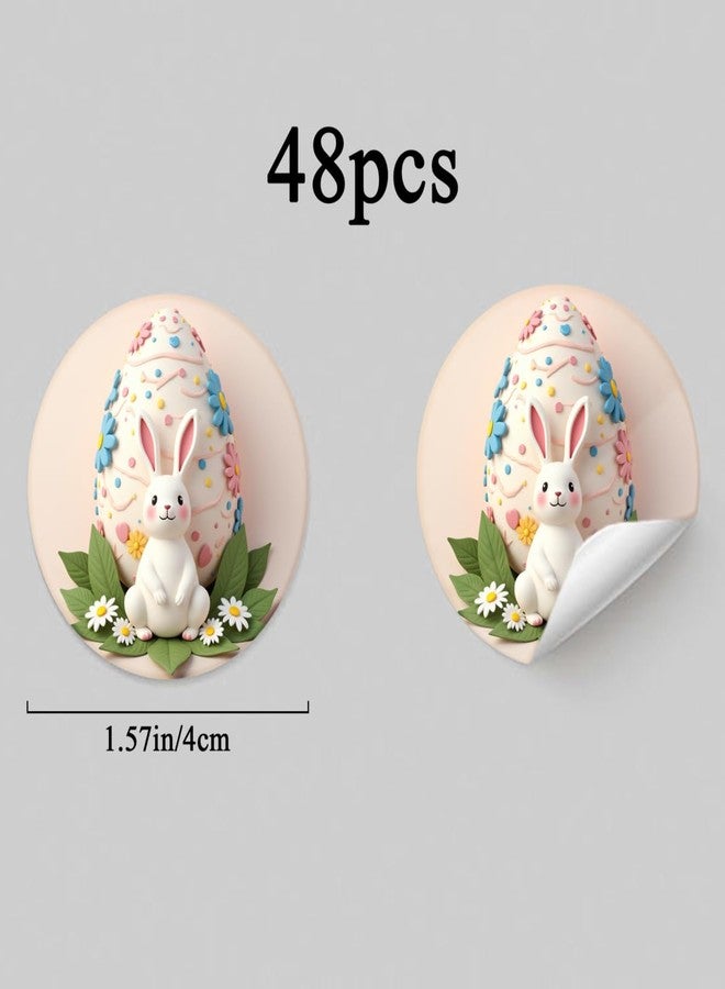 SLGIFT 48 White Round Stickers Featuring Easter Egg and Bunny Floral Designs for Gift Wrapping - Image 2