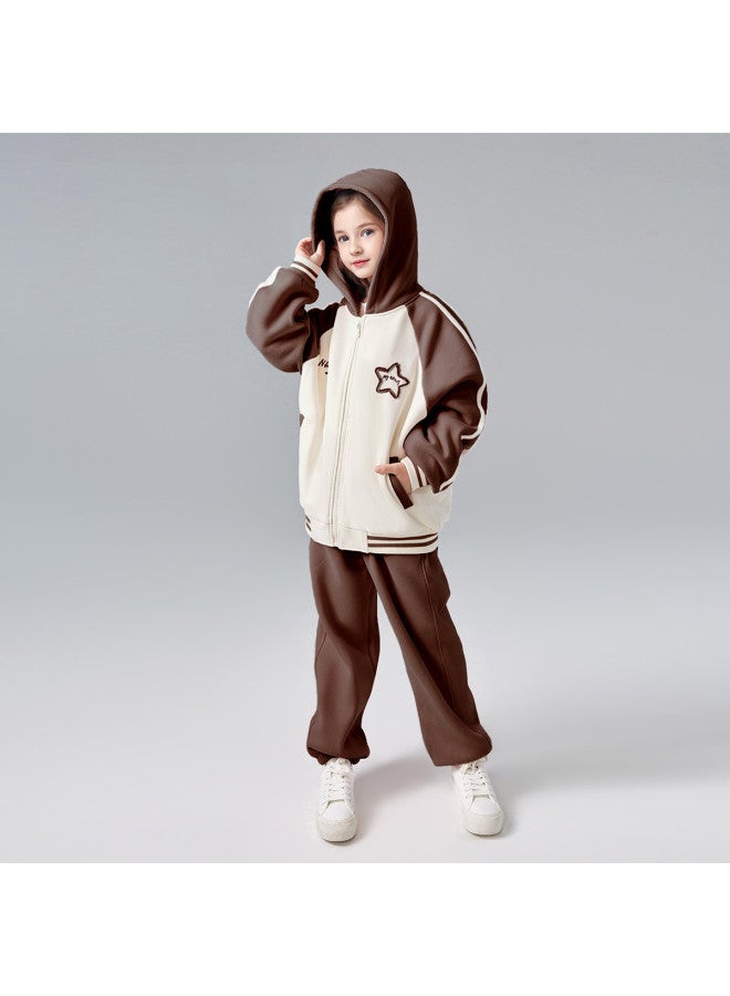 DEESHA Hooded Zippered Top + Cuffed Pants】girls' Autumn And Winter Outfits, Medium To Large Children's Thin Fleece Casual Set - Image 2