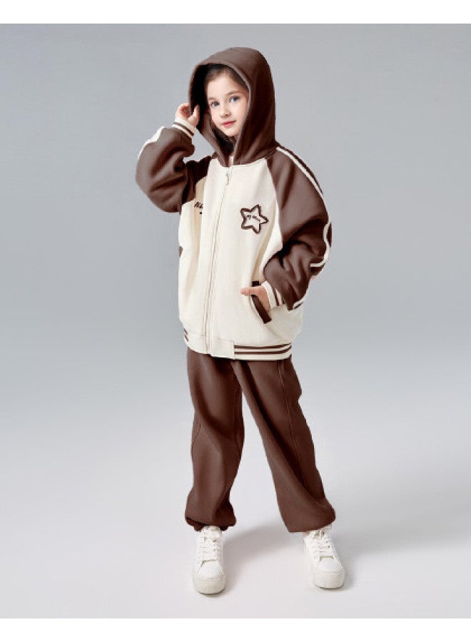 DEESHA Hooded Zippered Top + Cuffed Pants】girls' Autumn And Winter Outfits, Medium To Large Children's Thin Fleece Casual Set - Image 1