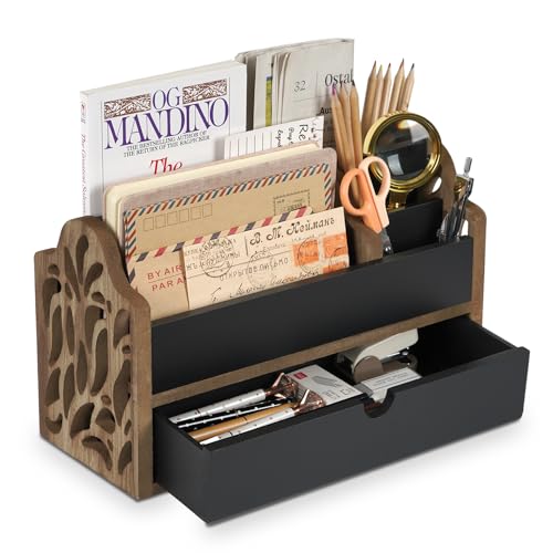 Dhmkfly Desk Organizer with Drawer Wood File Office Mail Organizer Countertop5 Slot Tabletop Storage Pen Organizer Letter Holder for School Home Office Supplies - Image 1