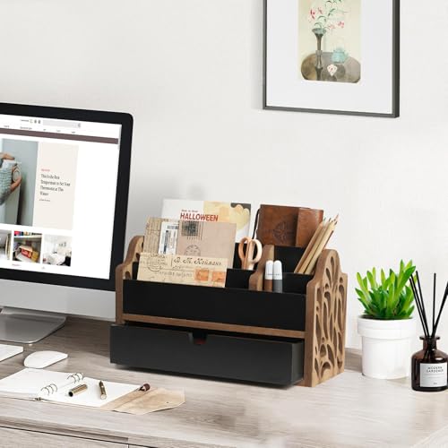 Dhmkfly Desk Organizer with Drawer Wood File Office Mail Organizer Countertop5 Slot Tabletop Storage Pen Organizer Letter Holder for School Home Office Supplies - Image 3