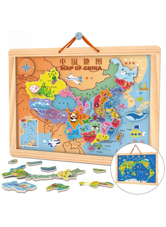 China Map World Map Magnetic Puzzle Children's Geographical Cognition Early Education Educational Wooden Toys Outlet-Color:2-in -1 Magnetic Puzzle-Map - Image 3