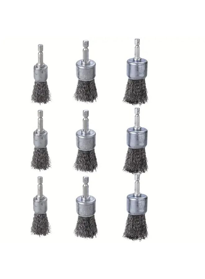 9 Pcs Steel Wire Brush Wheels 1.0 Inch Press On End Line Brushes 0.25 Inch Hex Shafts - Image 1