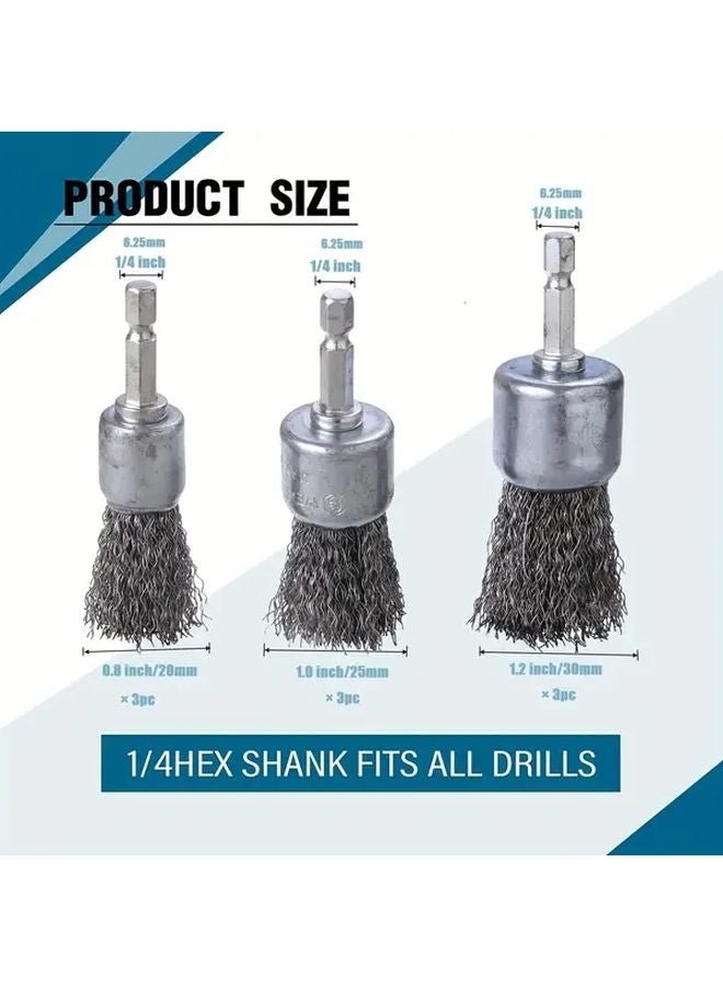 9 Pcs Steel Wire Brush Wheels 1.0 Inch Press On End Line Brushes 0.25 Inch Hex Shafts - Image 5