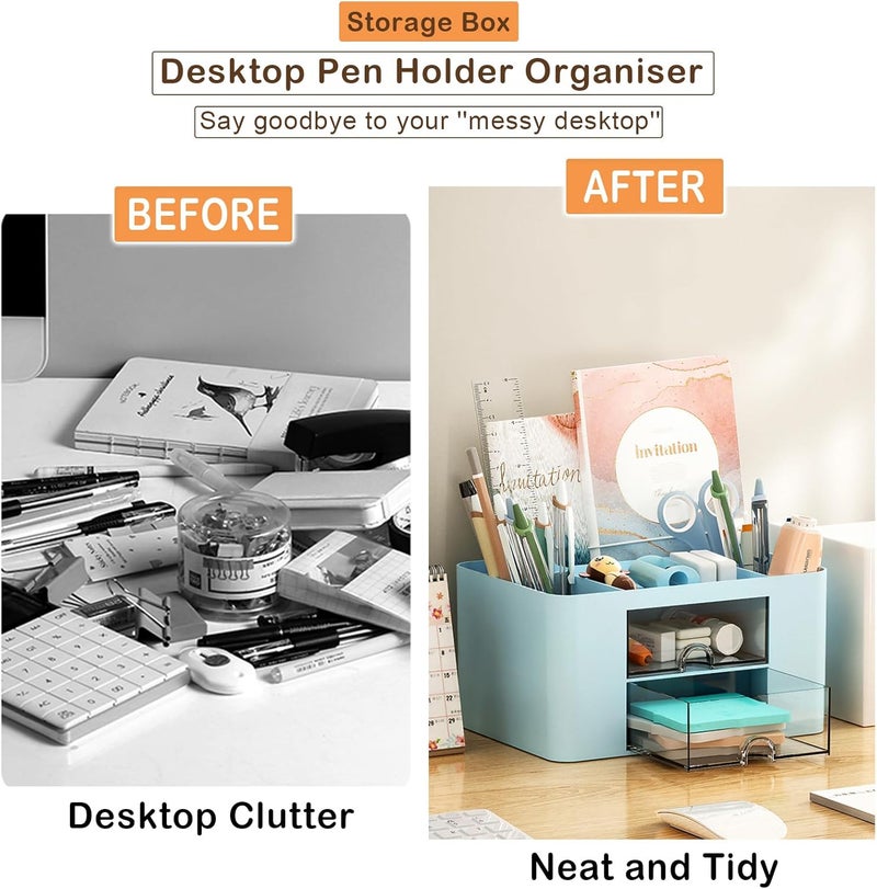 COMFYROOM Desk Organizer with 4 Compartments and 2 Drawers, Pen Holder for Desktop Storage, Makeup Organizer, Desk Organization and Accessories for School, Home, Office Supplies (Blue) - Image 4