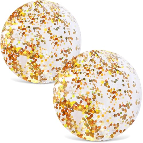 FUTUREPLUSX 16 Inch Glitter Beach Balls 2PCS Swimming Pool Balls Inflatable Beach Ball with Gold Confetti for Kids Birthday Summer Pool Party - Image 1