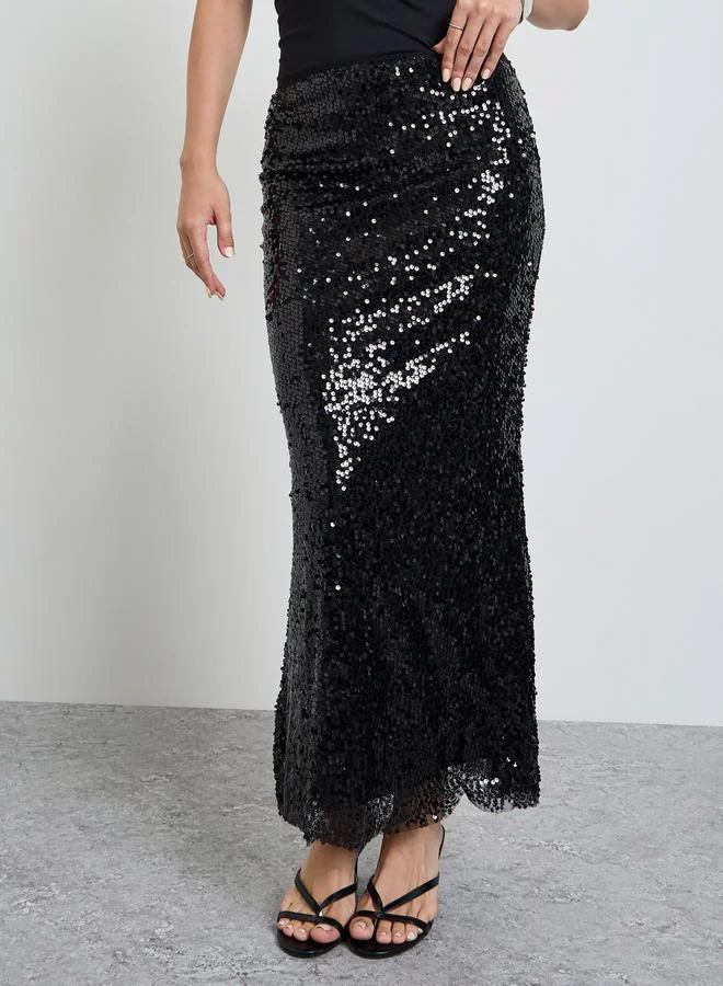 تايك تو Black Sequin Pencil Maxi Skirt