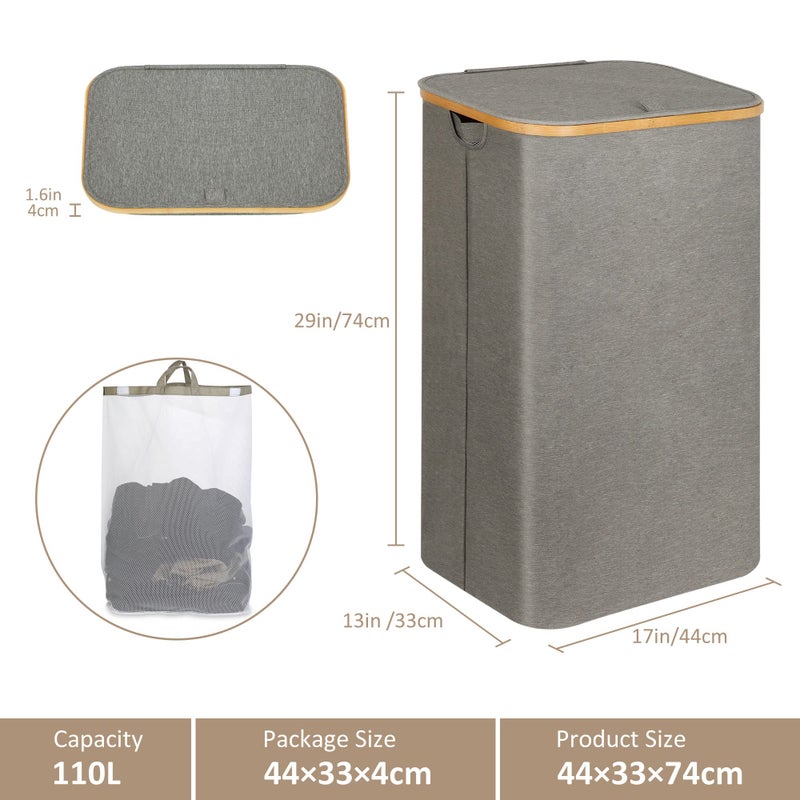 iEGrow Laundry Hamper with Lid, 110L Large Laundry Hamper with Handle and Lid, Collapsible Clothes Basket Organizer with Removable Inner Bag for Clothes Toys Towels - Grey - Image 3