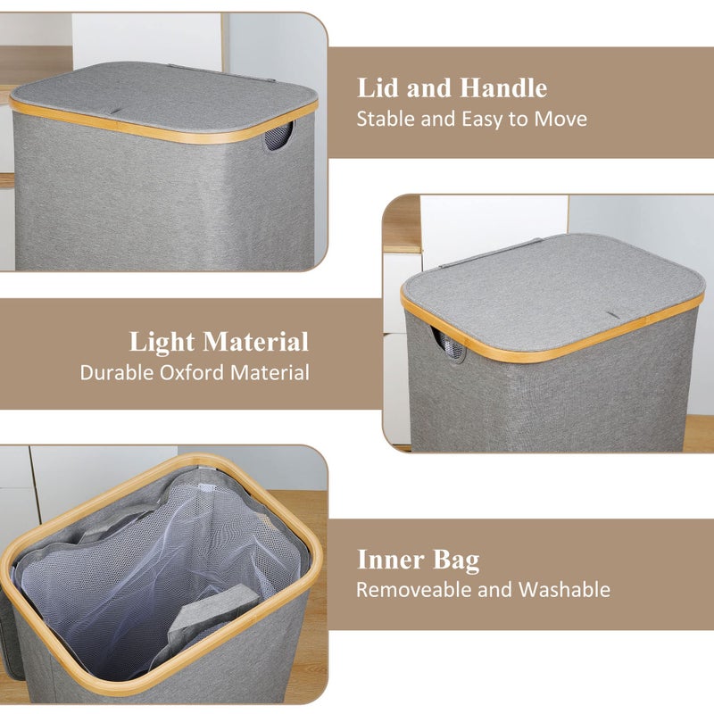iEGrow Laundry Hamper with Lid, 110L Large Laundry Hamper with Handle and Lid, Collapsible Clothes Basket Organizer with Removable Inner Bag for Clothes Toys Towels - Grey - Image 5