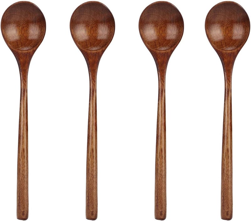 4 Pcs Walnut Wooden Soup Spoon, Japanese Style Long Handle Cooking Spoon, Large Mouth Serving Spoon for Hot and Cold Dishes, Kitchen Tableware Set - Image 1