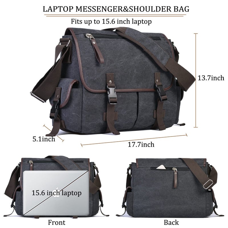 CROCOD Canvas 15.6 inch Laptop Messenger Bag for Men Women, Vintage Computer Work Satchel Shoulder Bag with Anti-Theft Design Briefcase Bookbag for College (Black) - Image 3
