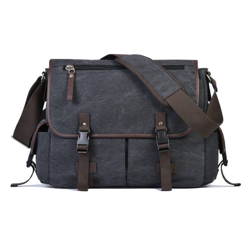 CROCOD Canvas 15.6 inch Laptop Messenger Bag for Men Women, Vintage Computer Work Satchel Shoulder Bag with Anti-Theft Design Briefcase Bookbag for College (Black) - Image 1