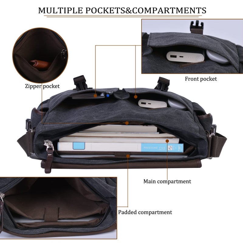 CROCOD Canvas 15.6 inch Laptop Messenger Bag for Men Women, Vintage Computer Work Satchel Shoulder Bag with Anti-Theft Design Briefcase Bookbag for College (Black) - Image 4