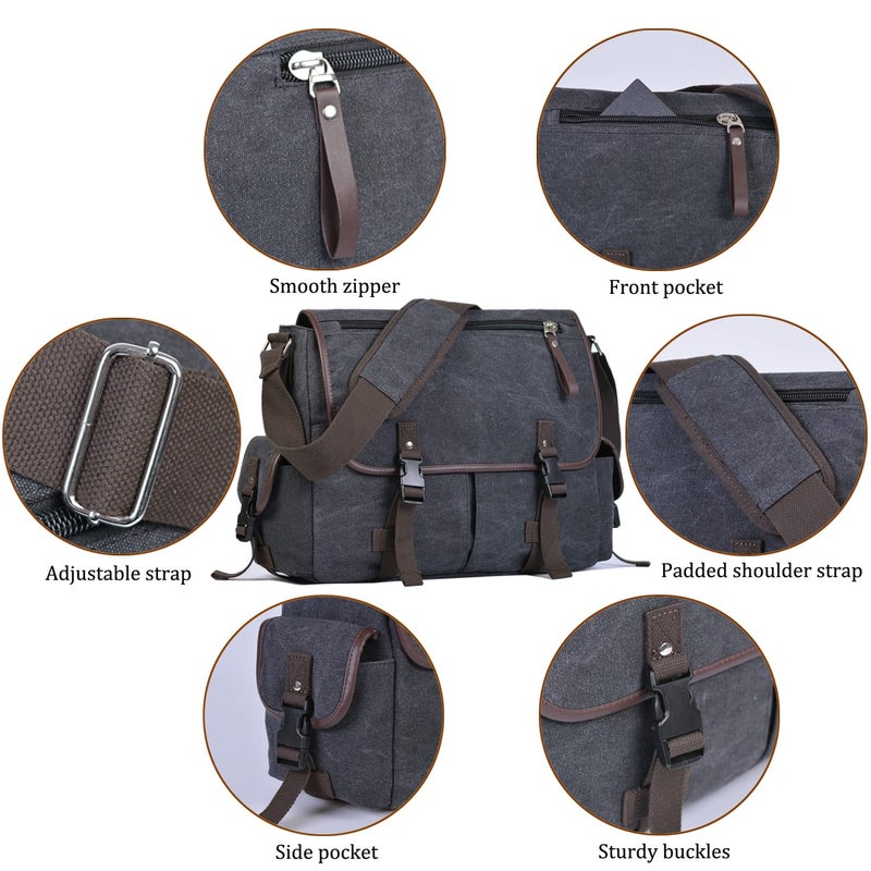 CROCOD Canvas 15.6 inch Laptop Messenger Bag for Men Women, Vintage Computer Work Satchel Shoulder Bag with Anti-Theft Design Briefcase Bookbag for College (Black) - Image 5