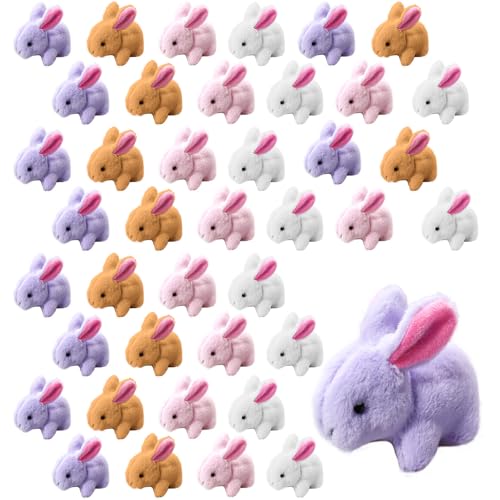 TANEMUDO 40 Pcs Easter Bunny Stuffed Animal 4 Inch Mini Detachable Keychain Plush for Easter Basket Stuffer Valentine Party Favors White Pink Purple Brown - Image 1