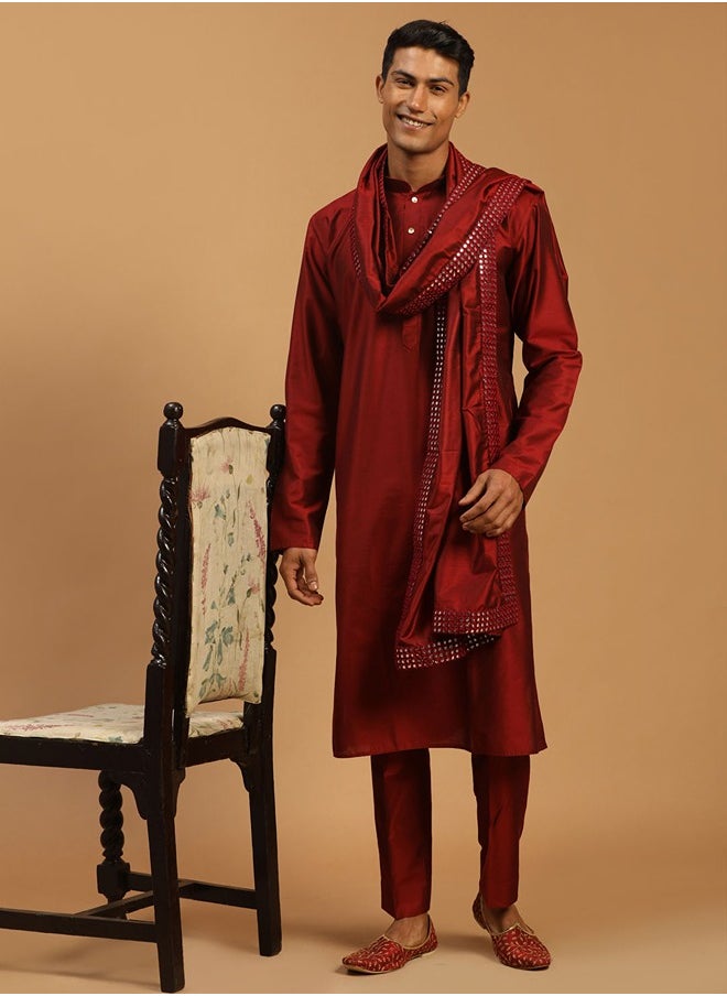 PRASHA - Men's Maroon Viscose Kurta, Pyjama & Dupatta Set - Image 1