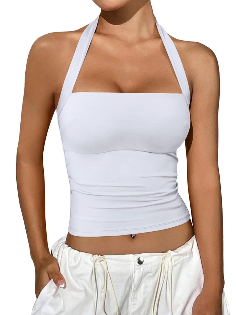 REORIA Halter Tops for Women Summer Sleeveless Going Out Outfits Y2K Trendy Cute Crop Tank Top Clothes White Medium - Image 1