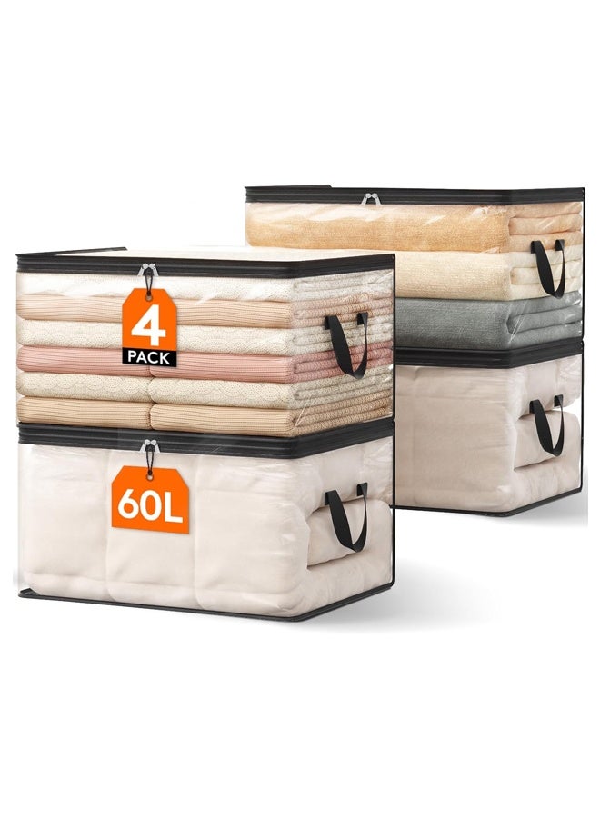 DUNISO 4 Pack Clothes Storage Bags, 60L Plastic Blanket Storage Bags with Zippers & Handles，Collapsible Heavy Duty Storage Bags，Waterproof, Moisture-proof, Sturdy and Durable，for Bedding, Duvet, Comforter，Pillow，Toys，55*35*31.5cm，Clear - Image 1