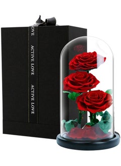 Vitacelli 3 Red Roses in Glass Dome Real Eternal Rose Preserved Flower with Luxury Gift Box  - Image 1