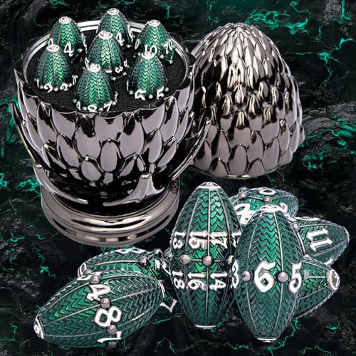 ARUOHHA DND Metal Dice Black Green Dragon Egg Dice with Rotating Dragon Egg Shell Role Playing Game RPG Polyhedral D and D Dice Set D20 D12 D10 D8 D6 D4 - Image 1