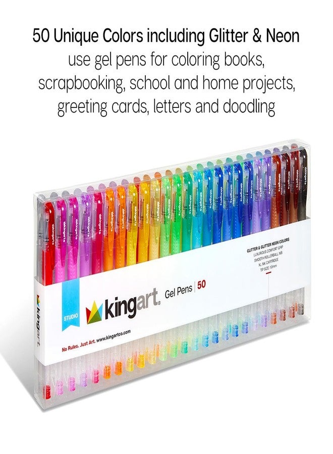 كينج آرت أقلام حبر جاف KINGART 400-50 ذات رأس كروي لامع، 50 لونًا براقًا مع قبضة ناعمة ومريحة، خرطوشة حبر كبيرة الحجم - حبر أكثر، مثالية لجميع الأعمار، للكتابة والتلوين والرسم والتصميمات الفنية وكتابة اليوميات والمزيد - Image 2