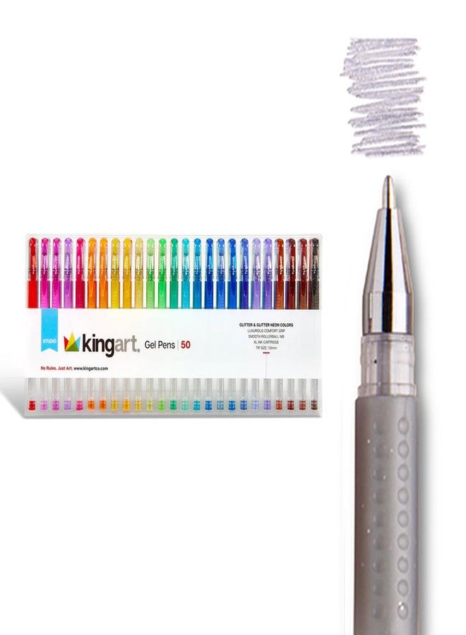 كينج آرت أقلام حبر جاف KINGART 400-50 ذات رأس كروي لامع، 50 لونًا براقًا مع قبضة ناعمة ومريحة، خرطوشة حبر كبيرة الحجم - حبر أكثر، مثالية لجميع الأعمار، للكتابة والتلوين والرسم والتصميمات الفنية وكتابة اليوميات والمزيد - Image 1