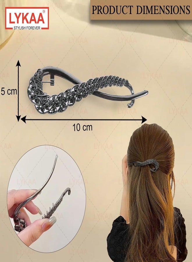 LYKAA Banana Clips for Hair Metal Rhinestone French Barrette Hair Clips - Black | Korean Stylish Hair Accessories for Women & Girls | Bun Maker Hair Clip | Multicolor Rhinestone Design - 1Pc - Image 2