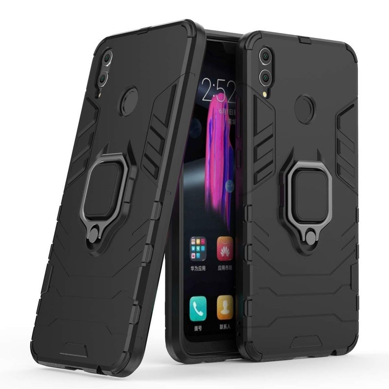 MaiJin Compatible with Honor 8X Case Metal Ring Grip Kickstand Shockproof Hard Bumper Shell Works with Magnetic Car Mount Dual Layer Rugged Cover for Huawei Honor 8X Black