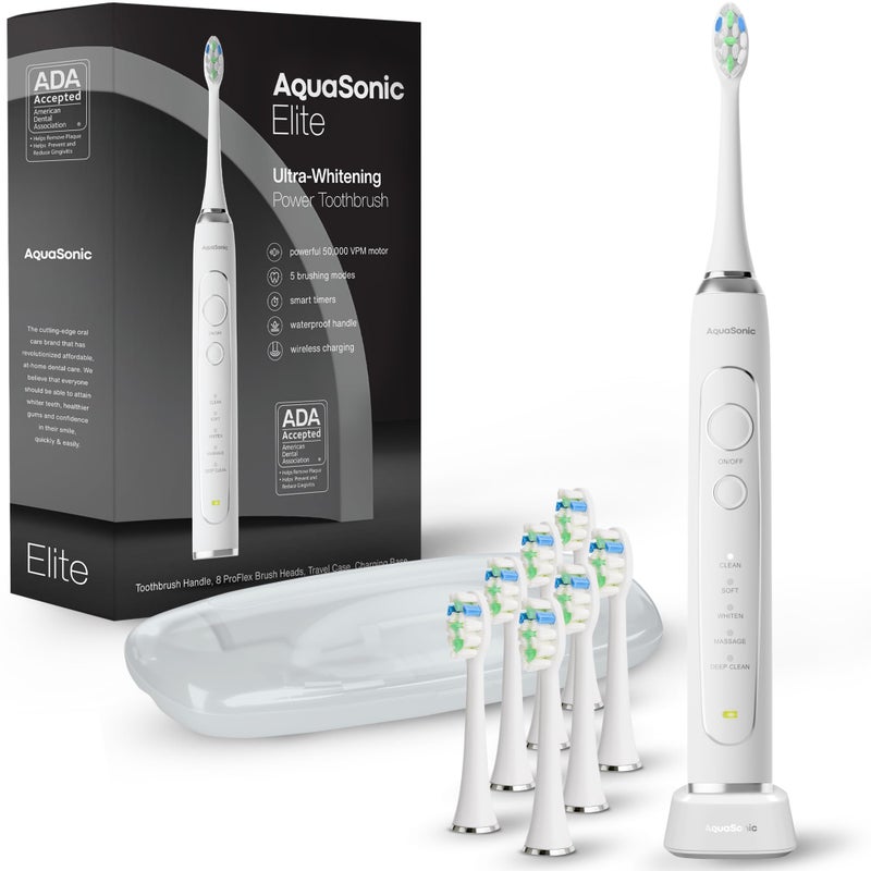 Aquasonic Elite UltraWhitening Toothbrush ADA Accepted Power Toothbrush 8 Proflex Brush Heads Travel Case 50000 VPM Motor Wireless Charging 5 Modes w Smart Timer White