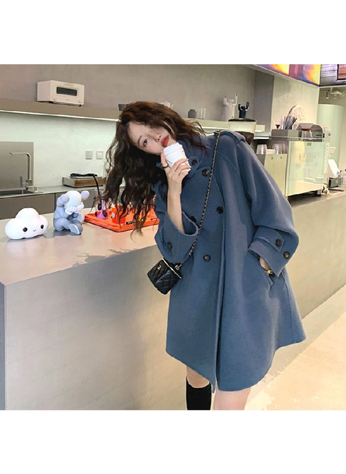Generic - Blue Cape Coat Woolen Petite 2023 Winter Thick Double-Faced Cashmere Khaki - Image 1