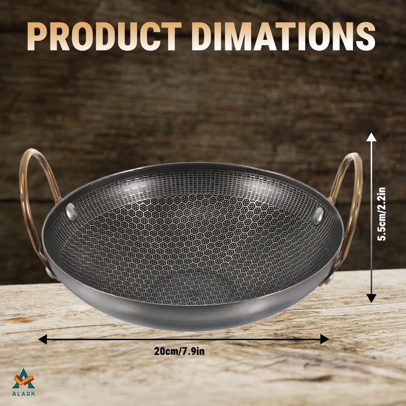 Alark مقلاة ألارك ثلاثية الفولاذ المقاوم للصدأ بتصميم خلية النحل غير لاصقة مع مقبض بارد اللمس ومناسبة للطهي الخارجي ومقلاة بايلا للمأكولات البحرية ذات قاع مزدوج ذهبي - Image 2