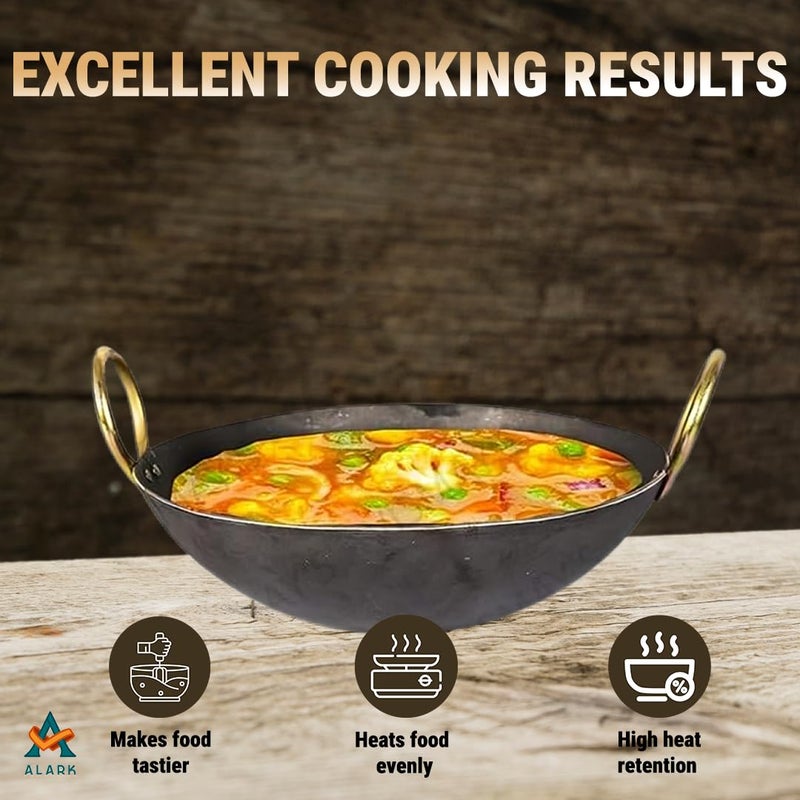 Alark مقلاة ألارك ثلاثية الفولاذ المقاوم للصدأ بتصميم خلية النحل غير لاصقة مع مقبض بارد اللمس ومناسبة للطهي الخارجي ومقلاة بايلا للمأكولات البحرية ذات قاع مزدوج ذهبي - Image 3