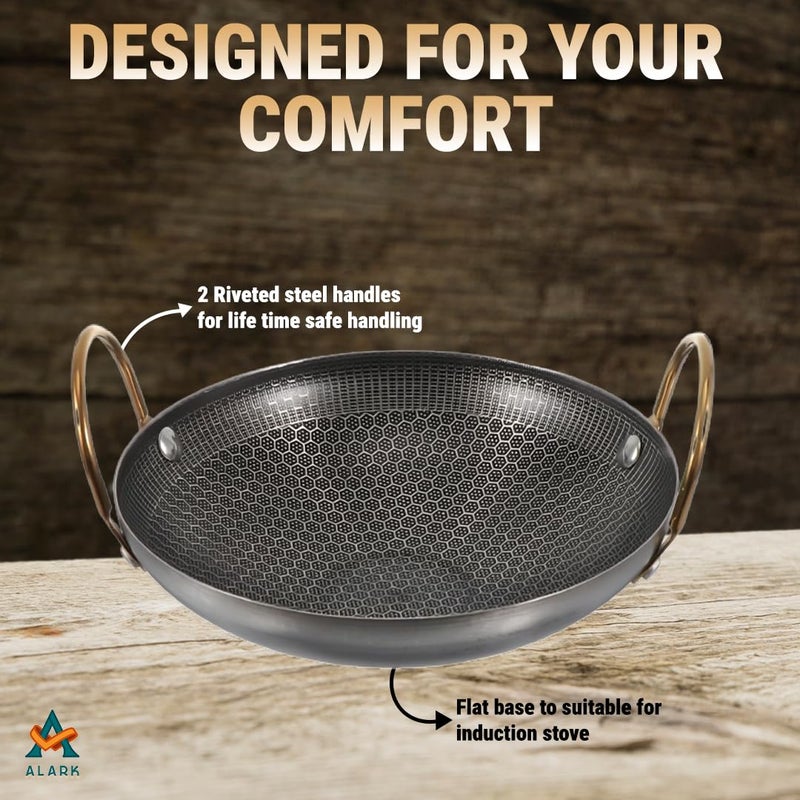 Alark مقلاة ألارك ثلاثية الفولاذ المقاوم للصدأ بتصميم خلية النحل غير لاصقة مع مقبض بارد اللمس ومناسبة للطهي الخارجي ومقلاة بايلا للمأكولات البحرية ذات قاع مزدوج ذهبي - Image 5