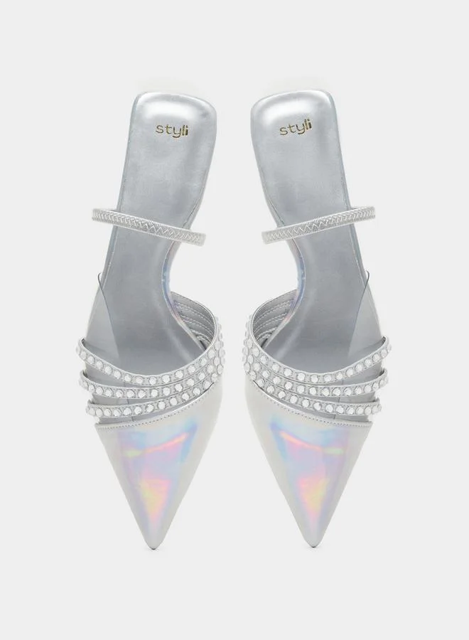 Styli Embellished Pointed Toe Flat Mules