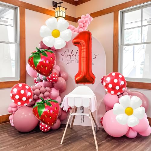 Corabsar Strawberry Balloons Berry First Birthday Decor 40 Inch Mylar Red One Balloons Strawberry Balloon for Berry First Birthday Balloons for Girls Strawberry 1st Birthday Decorations - Image 5
