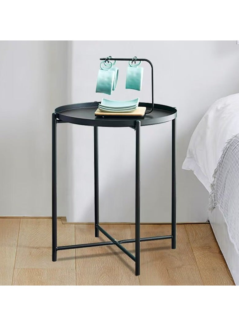 حصريا طاولة قهوة حديدية لغرفة المعيشة المنزلية، طاولة صينية بجانب السرير، طاولة مستديرة إبداعية بسيطة لغرفة النوم الحديثة باللون الأسود 45x53x45 سم - Image 1