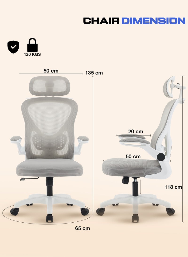 DROGO Premium Ergonomic Office Chair for Work from Home, High Back Computer Chair with Mesh, Flip-up Armrest, Headrest, Recline, Adjustable Seat & Lumbar Support | Mesh Chair for Office Grey - Image 3