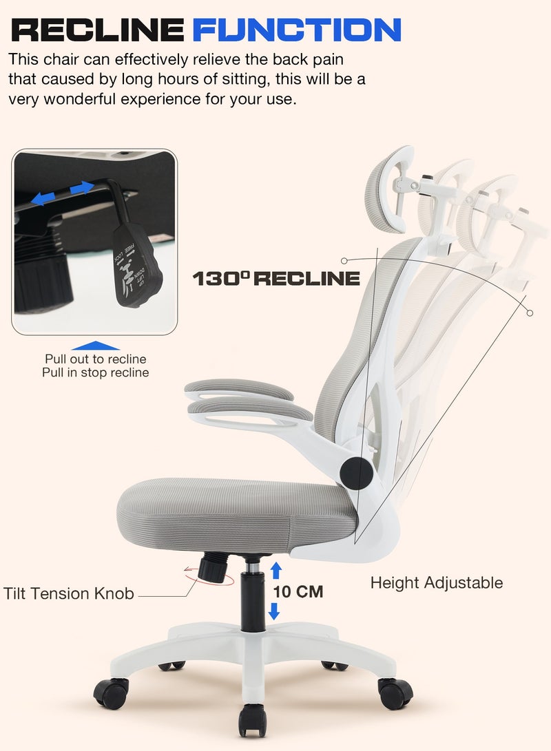 DROGO Premium Ergonomic Office Chair for Work from Home, High Back Computer Chair with Mesh, Flip-up Armrest, Headrest, Recline, Adjustable Seat & Lumbar Support | Mesh Chair for Office Grey - Image 4