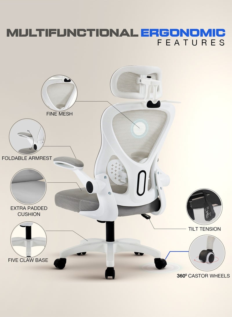 DROGO Premium Ergonomic Office Chair for Work from Home, High Back Computer Chair with Mesh, Flip-up Armrest, Headrest, Recline, Adjustable Seat & Lumbar Support | Mesh Chair for Office Grey - Image 5