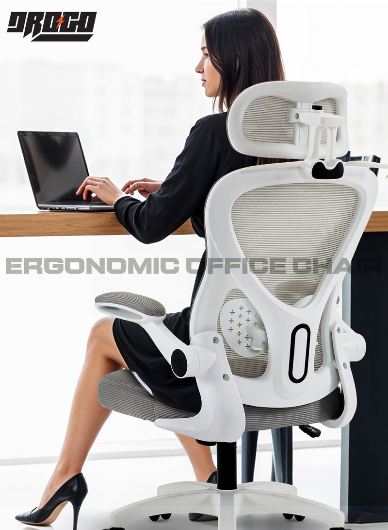DROGO Premium Ergonomic Office Chair for Work from Home, High Back Computer Chair with Mesh, Flip-up Armrest, Headrest, Recline, Adjustable Seat & Lumbar Support | Mesh Chair for Office Grey - Image 2