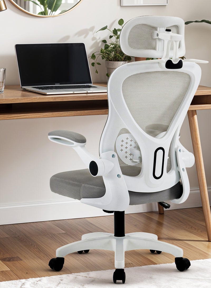 DROGO Premium Ergonomic Office Chair for Work from Home, High Back Computer Chair with Mesh, Flip-up Armrest, Headrest, Recline, Adjustable Seat & Lumbar Support | Mesh Chair for Office Grey - Image 1