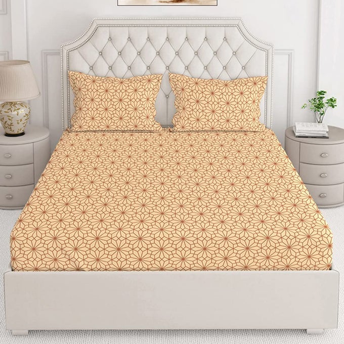 CALIFORNIA BEDSHEET SET FOR ALL SEASONS LIGHTWEIGHT MOISTURE ABSORBENT MACHINE WASHABLE EASY TO CARE 225 CVC KING SIZE BROWN GEOMETRY PATTERN