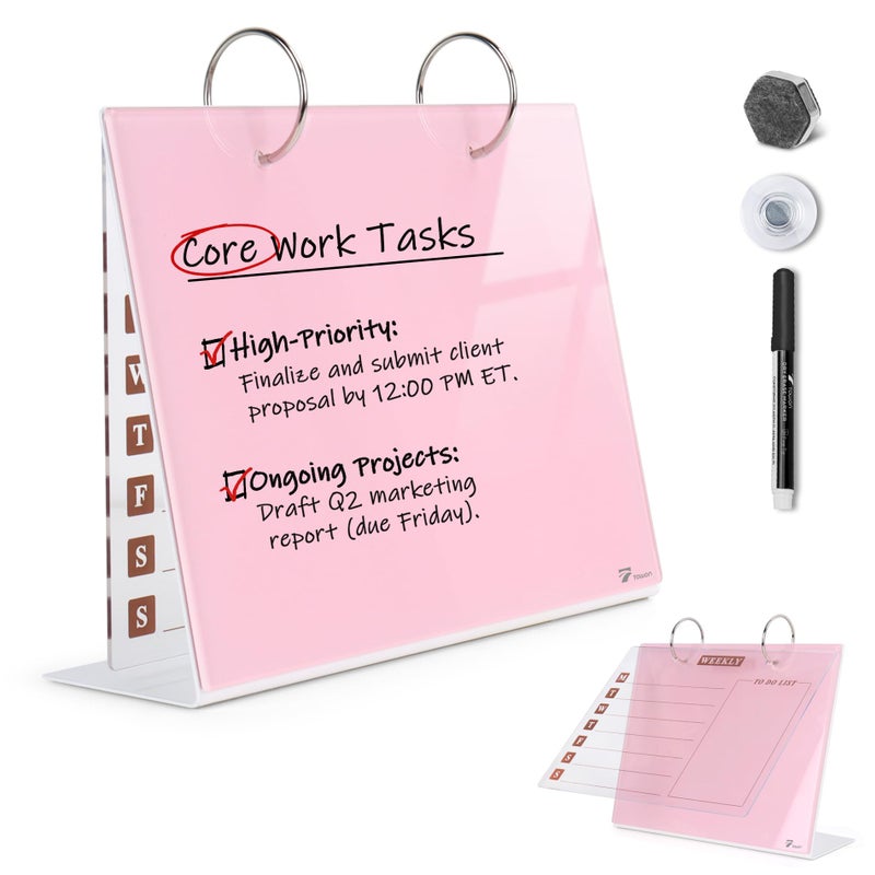 TOWON Desktop Glass Dry Erase & Acrylic Aesthetic Desk Calendar Weekly to-do List Combo, Small Magnetic Standing Whiteboard, Desk Flip Easel Calendar with Accessories for Home Office Supply, Pink, 9 x 7'' - Image 1
