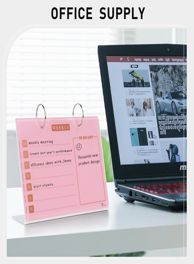 TOWON Desktop Glass Dry Erase & Acrylic Aesthetic Desk Calendar Weekly to-do List Combo, Small Magnetic Standing Whiteboard, Desk Flip Easel Calendar with Accessories for Home Office Supply, Pink, 9 x 7'' - Image 2